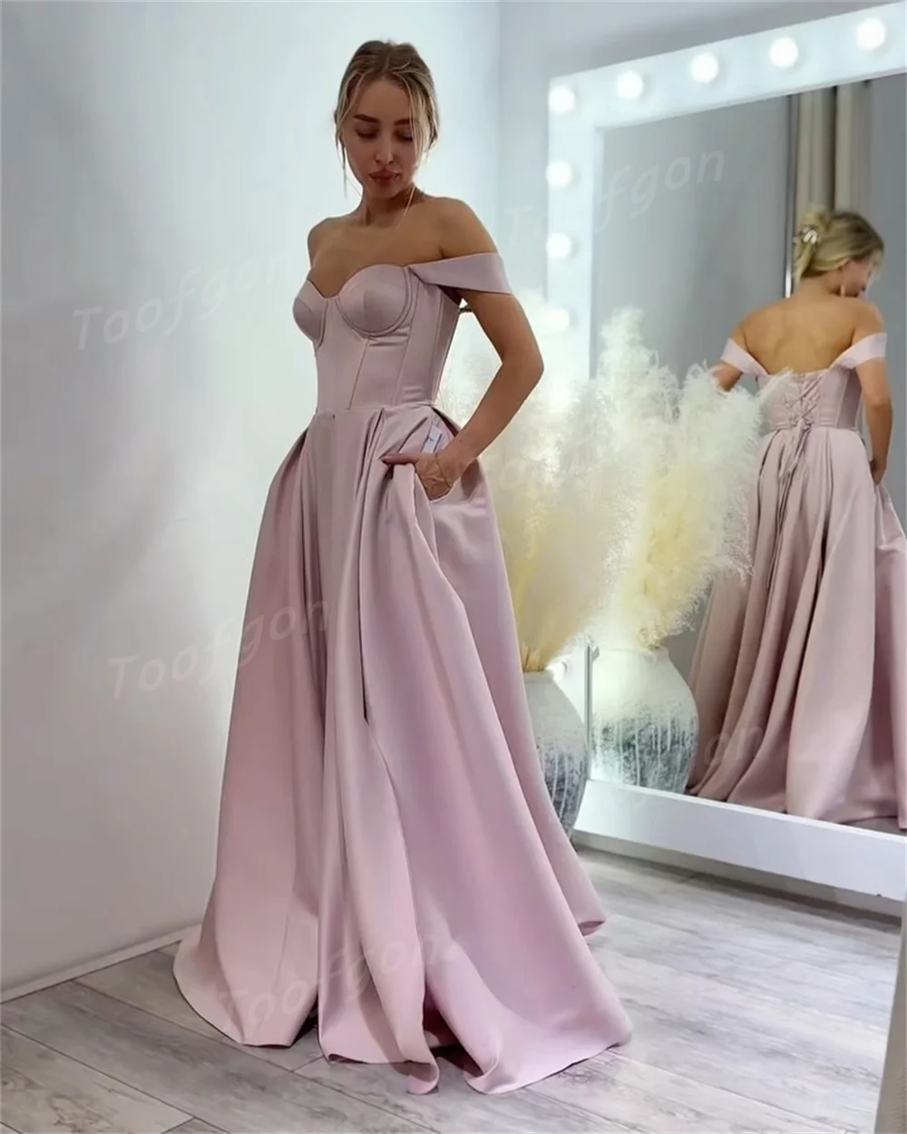 Toofgon chérie rose clair robes de soirée personnalisé a-ligne Satin haute fente formelle robes de bal Corset Occasion spéciale robe