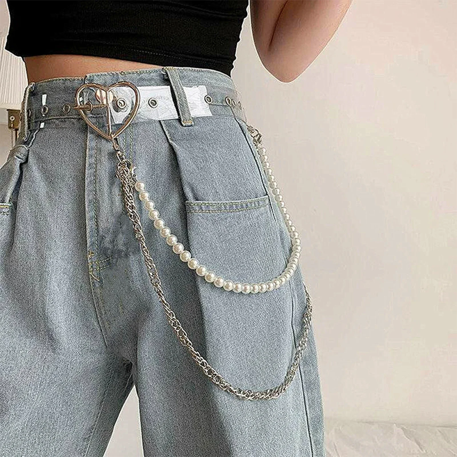 Rantai Pinggang Sederhana untuk Wanita Temperamen Mutiara Manik-manik Rantai Pinggang Berbentuk U Aksesori Rantai Jeans Kepribadian Rock Hip Hop