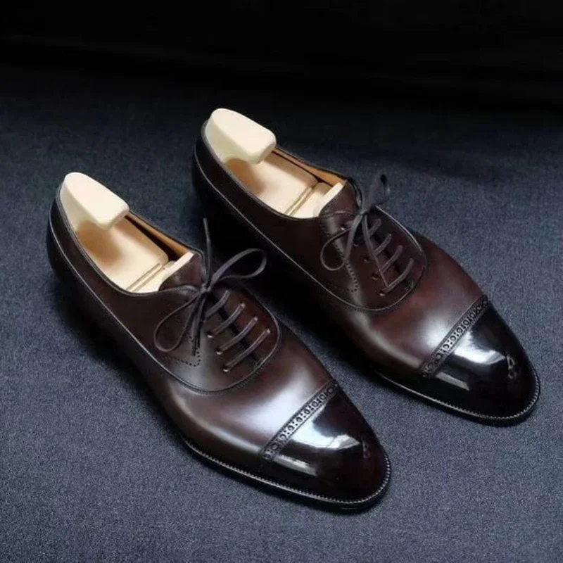 Brown Derby Shoes for Men Black Lace-up Round Toe Business Men Dress Shoes Wedding Handmade