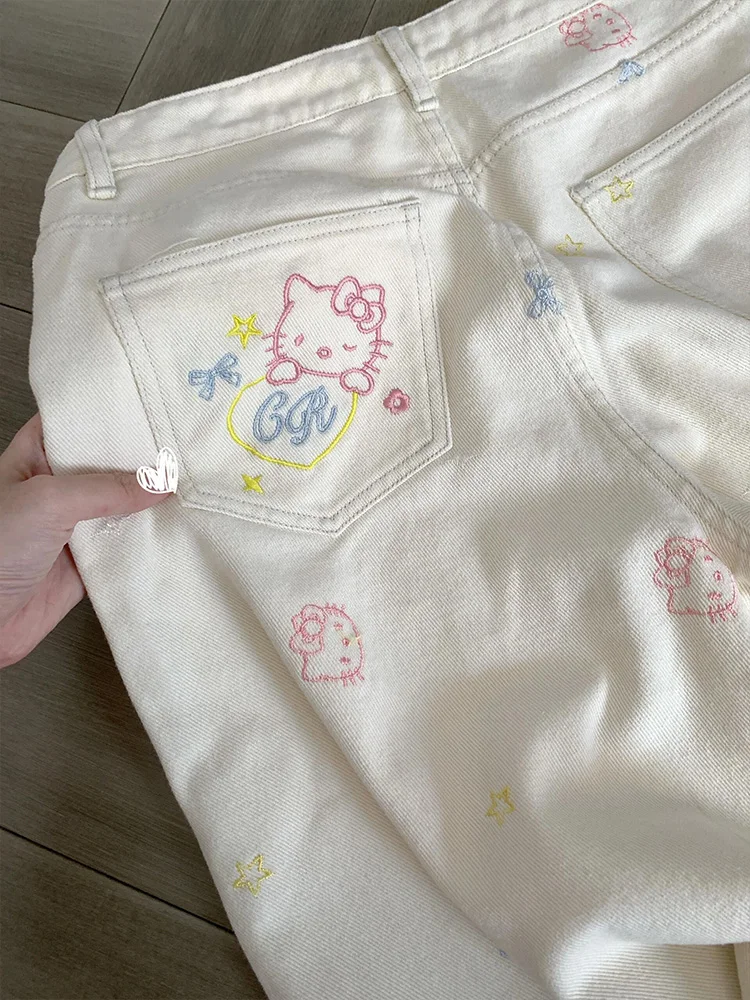 Vaqueros de pierna ancha con bordado de gato estilo retro americano, plones rectos ajustados de cintura alta, estilo casu...