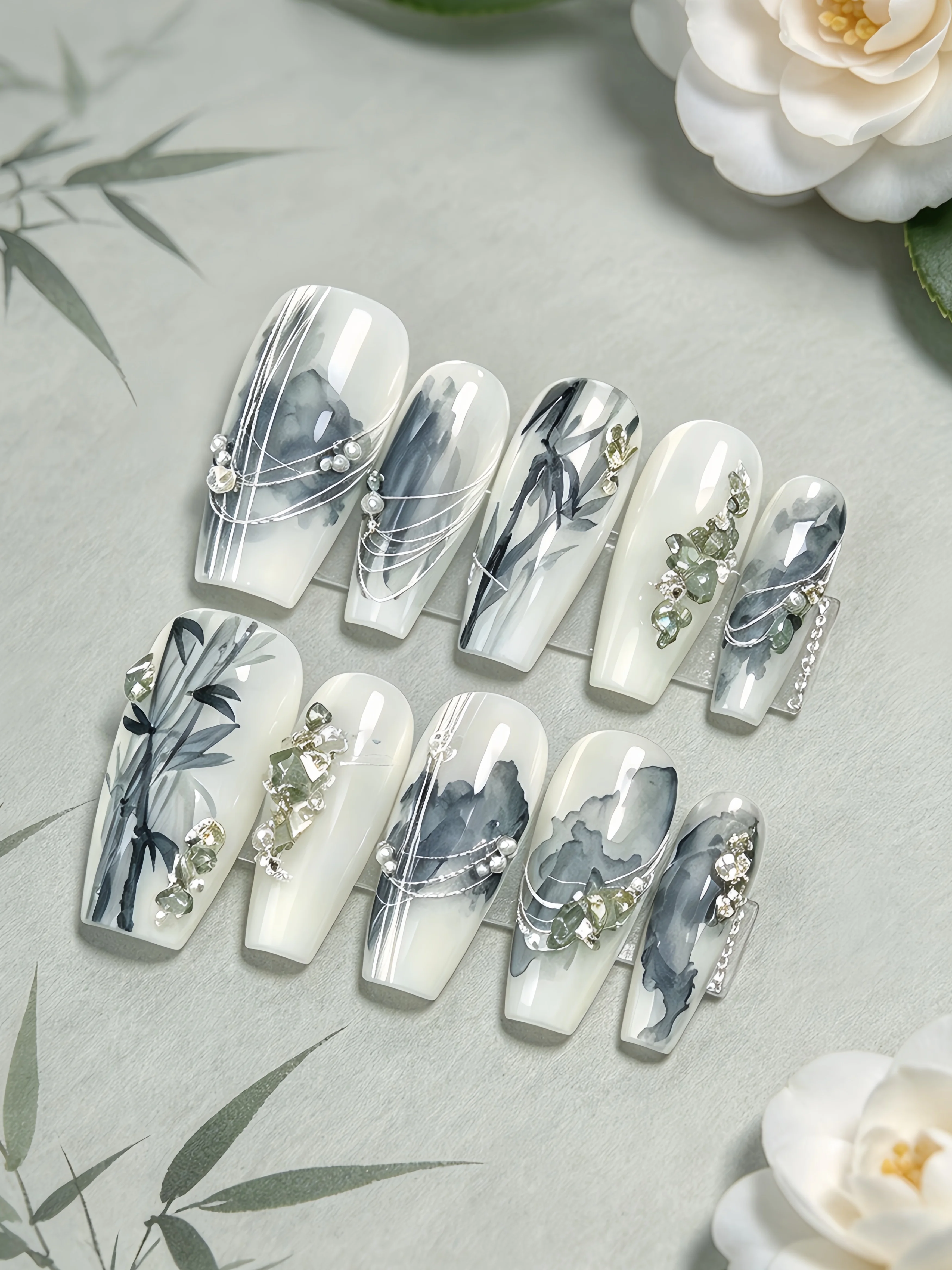 Elegant and Cool Chinese-Style Wearable Nails with Bamboo Landscape Ink Painting, Pearl and Gold Foil Accessories, and Trapezoidal Nail Pieces