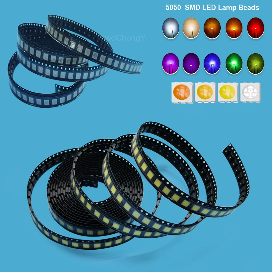 100pcs SMD 5050 LED Emitting Diode Lamp Chip Warm Cool White Red Green Blue Yellow UV Pink RGB 3V SMT Light Beads