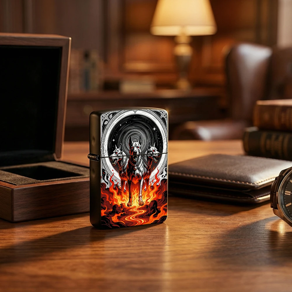 Flip Top Lighter Cerberus Three‑Headed Dog Hell Flame Myth Art Pattern lighters vintage lighters for smokers Collectible Gift