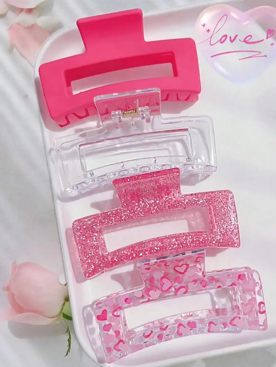

4pcs Pink Glitter Heart Claw Hair Clips Set For Women