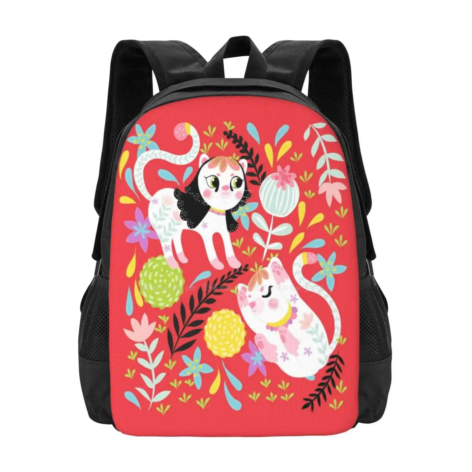 My Little White Cat en rojo, mochila de moda, bolsas de gato blanco, gatito lindo, flores florales, patrón rojo para niños, gran oferta