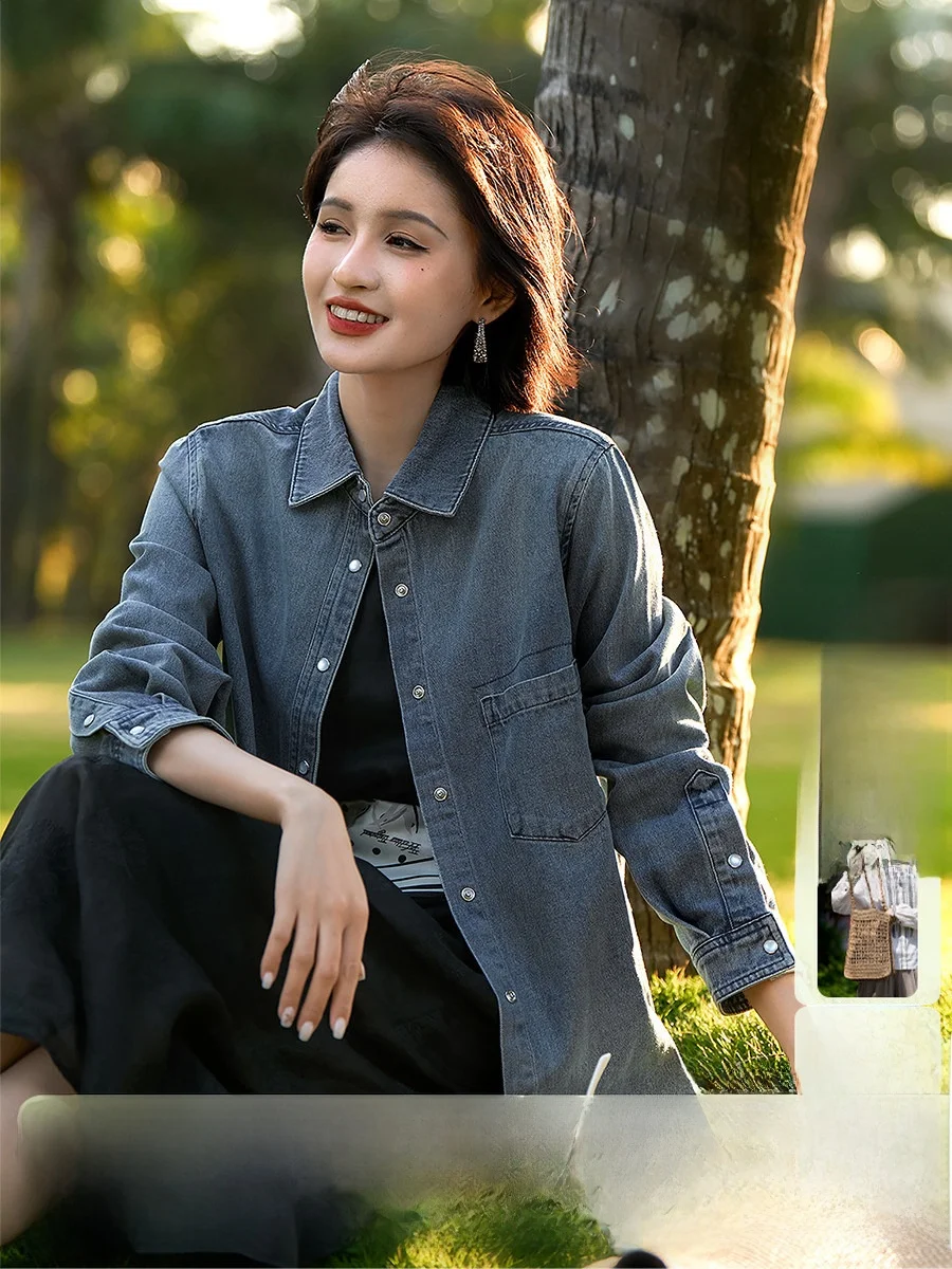 

Xhange Casual Cotton Denim irt Ele Simple Sle Old Blue Light Weight Loose Fit Commute irt for Women in China