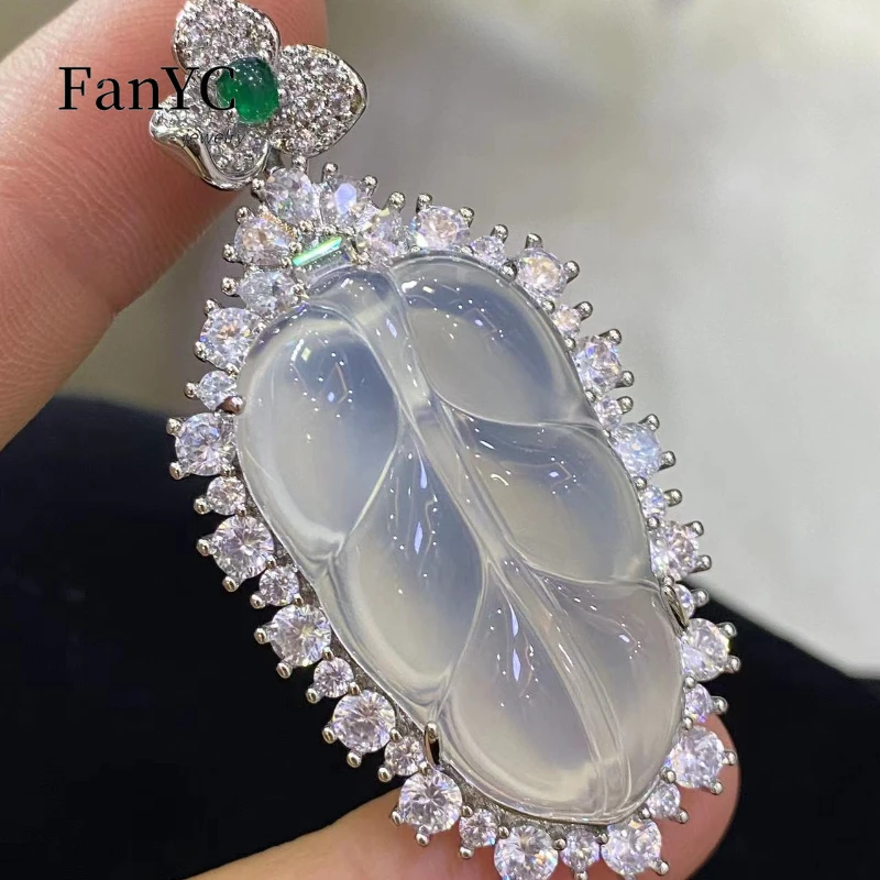 

Natural High Ice White Chalcedony Leaf Pendant 925 Silver Inlaid Senior Luxury Agate Necklace Fashion Charm Jewelry for Women