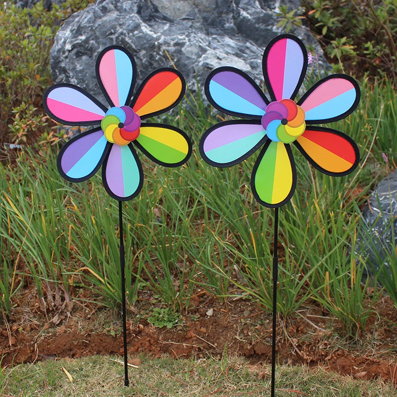 Outdoor Rainbow Six Color Windmill With Black Edge Stake Standing Lawn Flower Pinwheel Outdoor Party Garden Yard Picnic Decor