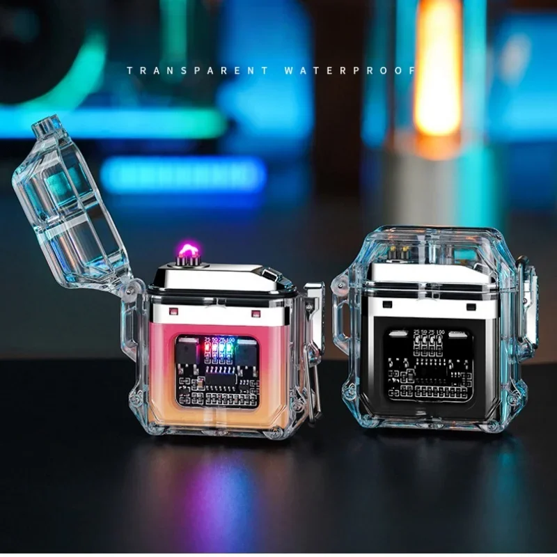 Outdoor Transparent Waterproof Windproof Double Arc Pulse USB Lighter LED Color Light Battery Display Portable Electric Lighters
