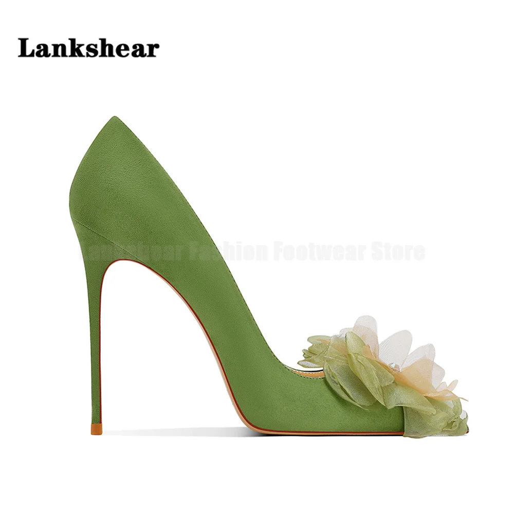 Zapatos de tacón alto de flor verde para mujer, de punta estrecha Stiletto, boca baja, boda, primavera y otoño