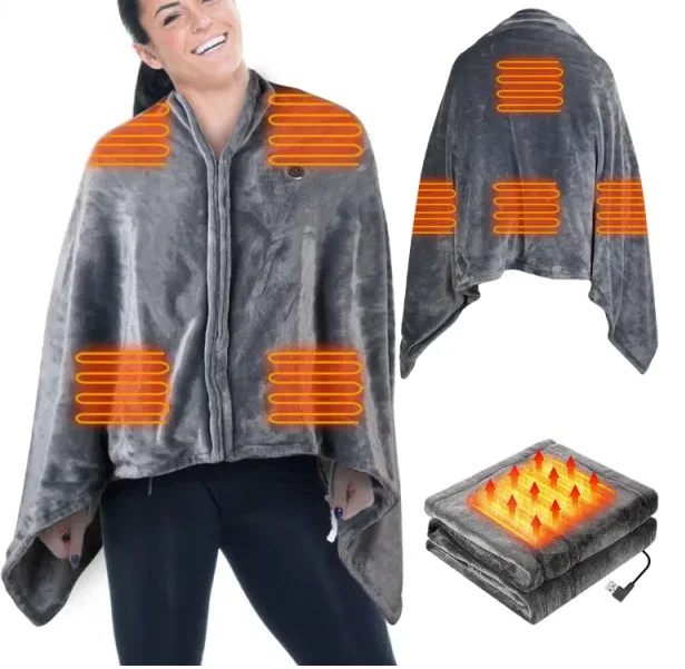 USB Heated Shawl Wrap Poncho, 59 x 31 Inch Wearable Electric Heated Blanket With Zipper, Washable Heating Throw for Home Office Use