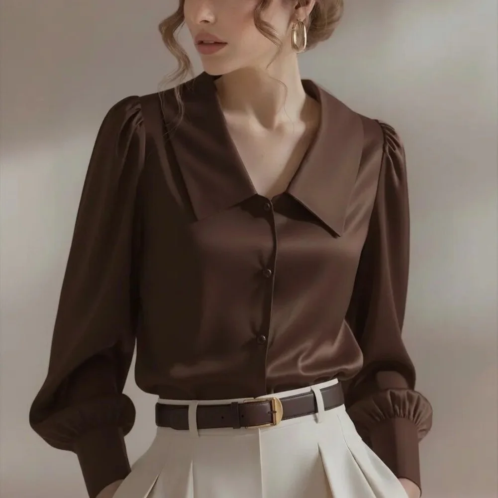 Solid Color Women\'s Shirt Constructed with Wide Lapels and Softly Gathered Puff Sleeves for Leisure Summer Wear