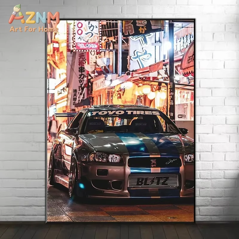 AZNM Nissan Skyline GT-R JDM Car Wall Art Print, pôster de tela único sem moldura, com cena noturna de rua de Tóquio com Toyo Tir