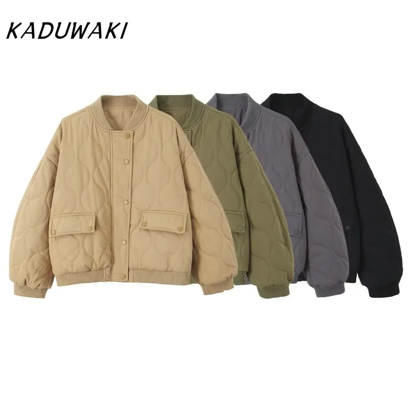 

KADUWAKI модные однобортные однобортные пальто-авиаторы с круглым воротником и длинными рукавами однотонные стеганые пригородные теплые повседневные куртки Harajuku