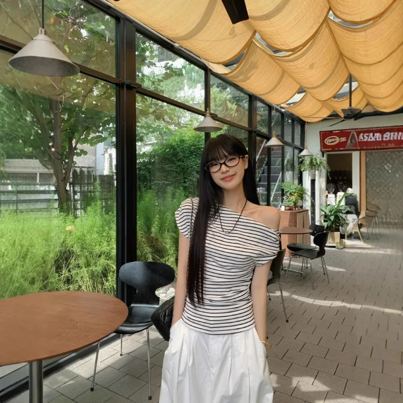 Sommer Damen Off-Shoulder Gestreiftes Kurzarm-T-Shirt Schulterfreies Slim-Top Mädchen Basic-Shirt Erwachsenen-Slim-Fit-T-Shirt