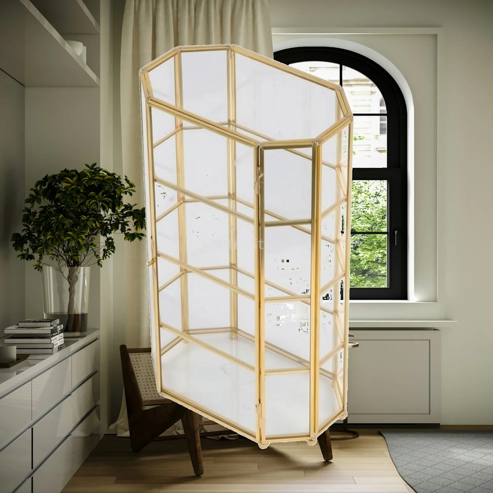 Narrow Tall Octagonal Display Case Glass Door Organizer Cabinet for Cosmetics Jewelry Home Bar Living Room