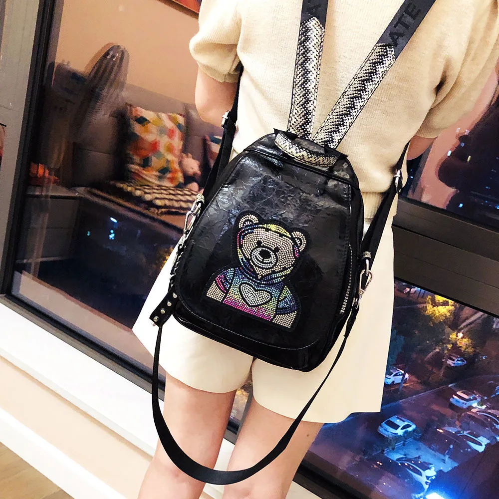 Vintage Waterproof Shiny Rhinestone Stylish Brand Bear Backpack Designer Fashion Luxury Travel Book Artificial Leather Backpack