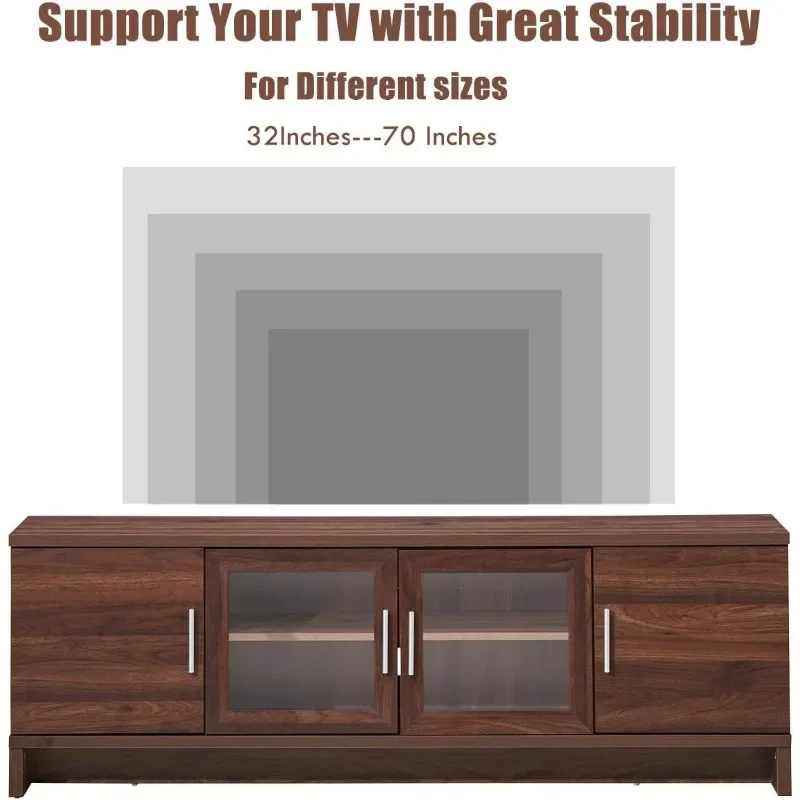 Clássica TV Stand para TVs, armário moderno com gerenciamento de cabos, portas de vidro, prateleira ajustável de 3 posições, até 70 "tela plana