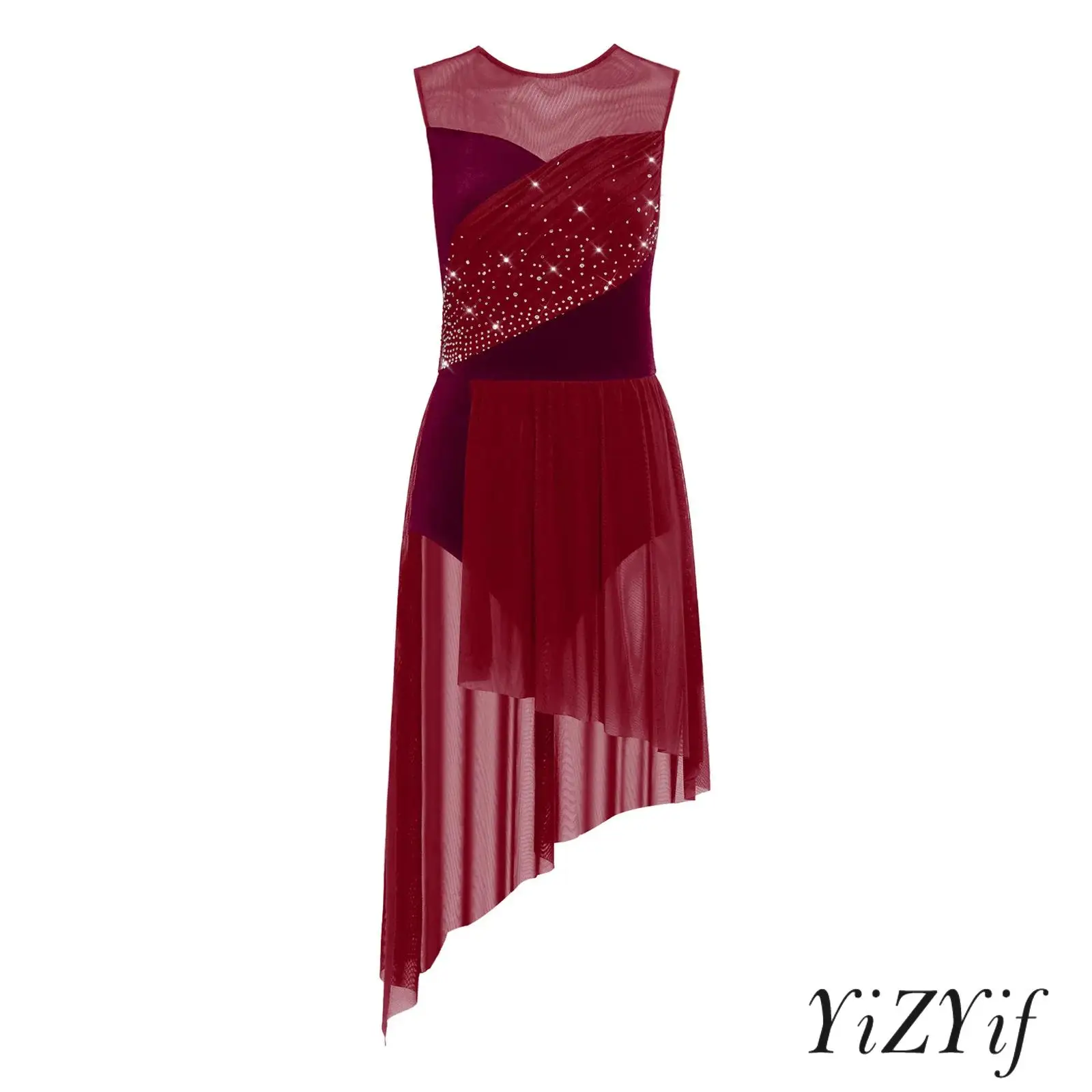 

Womens Lyrical Ballerina Dance Clothing Sleeveless Rhinestone Velvet Mesh Patchwork Dresses Elegant Ballroom Modern Dance Dress