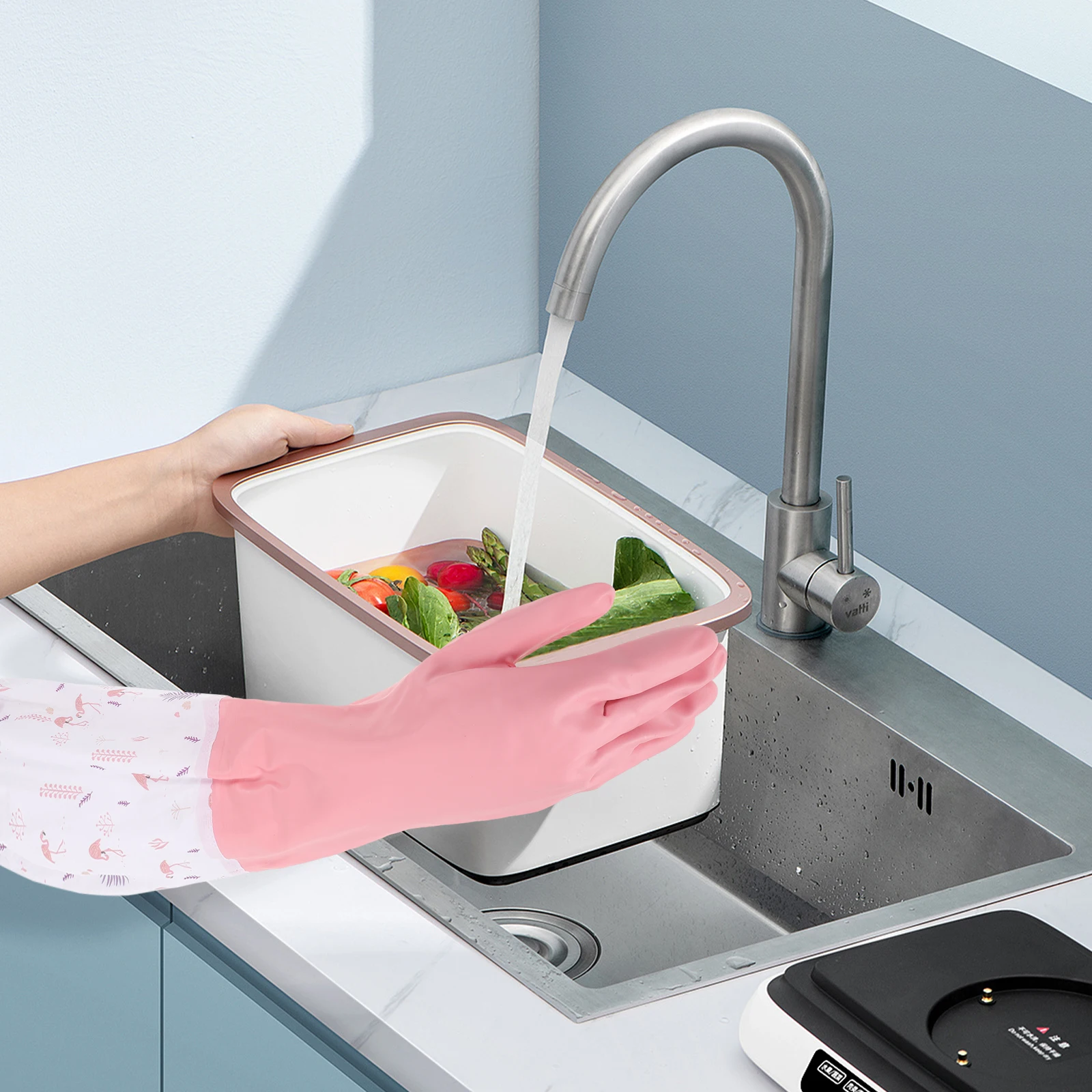 

2Pairs Waterproof Long Dishwashing Gloves Thickened Reusable Non Slip Household Kitchen Cleaning Gloves Oil Resistant