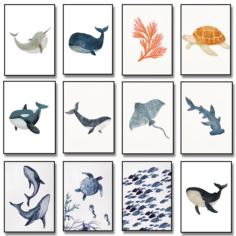 Póster de pez, Animal en el océano, tiburón, tortuga, delfín, ballena, pintura en lienzo de acuarela impresa para pared, sala de estar, guardería, decoración del hogar