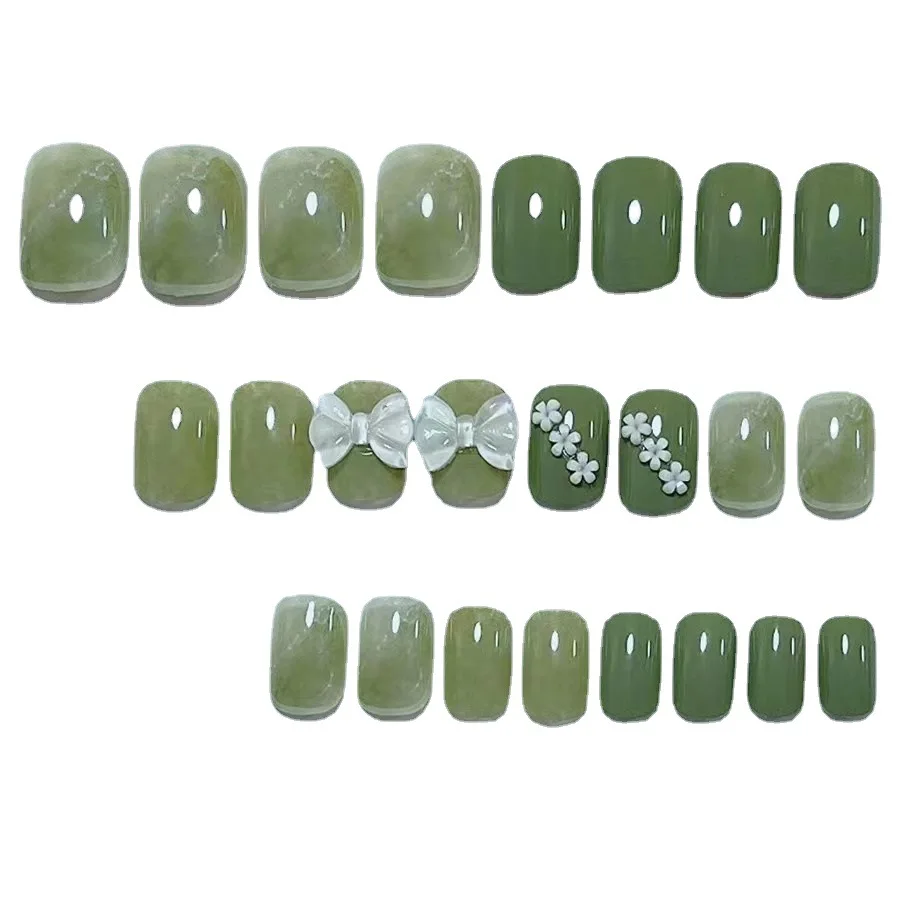 Summer Fresh Short Green Halo Dyed Small Flowers Dark Black Sweet Cool Nail Transparent Black Sparkling Powder Nail Patch