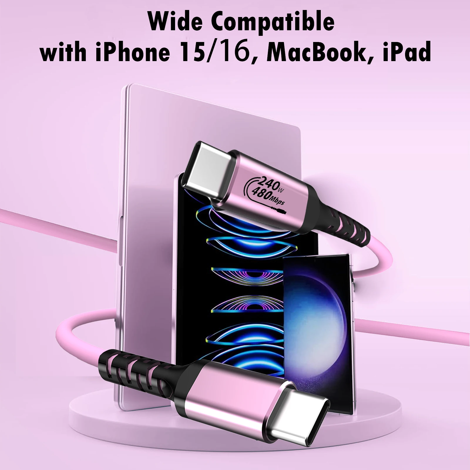 240W USB C Pink Braided Type C Cable PD3.1 Fast Charging Cord for iPhone 17 MacBook Samsung Huawei Xiaomi Laptop