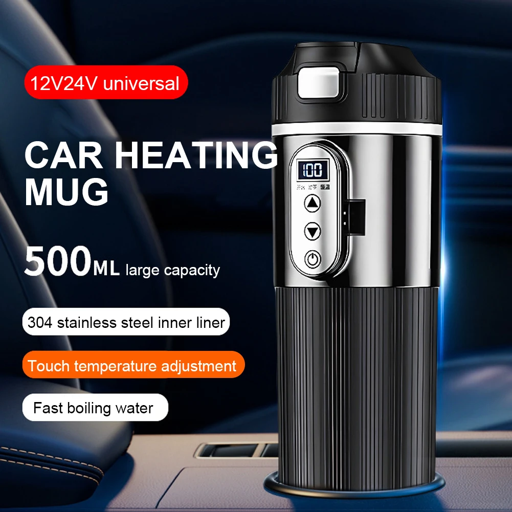 

12V/24V 500ml Stainless Steel Car Heating Cup Smart Temperature Control Electric Kettle Stainless Steel Cup Water Warmer Bottle