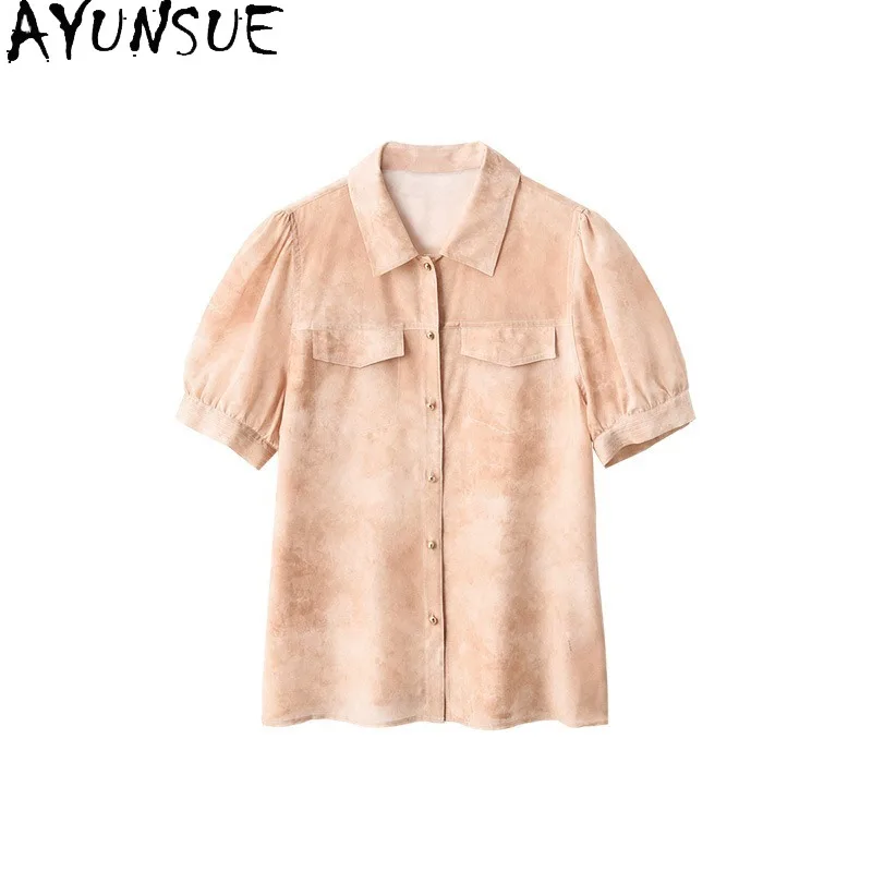 

AYUNSUE 100% Mulberry Silk Women's Blouses and Shirts 16mm Pink Blouse for Woman Puff Sleeves Tops Woman Clothes Рубашка Женская