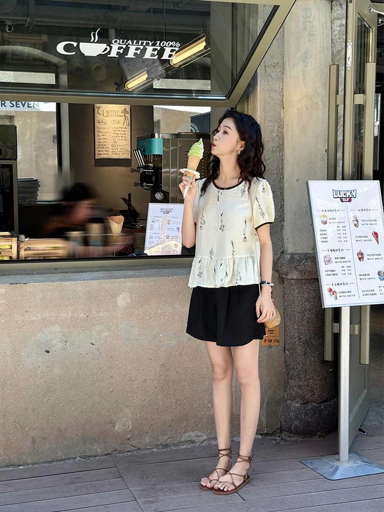 

Sweet Loose Korean Sle Doll irt Embroidered Flower All-Match Top Women's Faion Summer Thin Bubble Sve round Ne