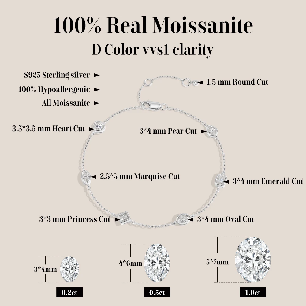 MINTYBOX Multi Shape Moissanite Bracelets for Women S925 Sterling Silver Adjustable 16+3cm Dainty Office Daily Wear Jewelry Gift