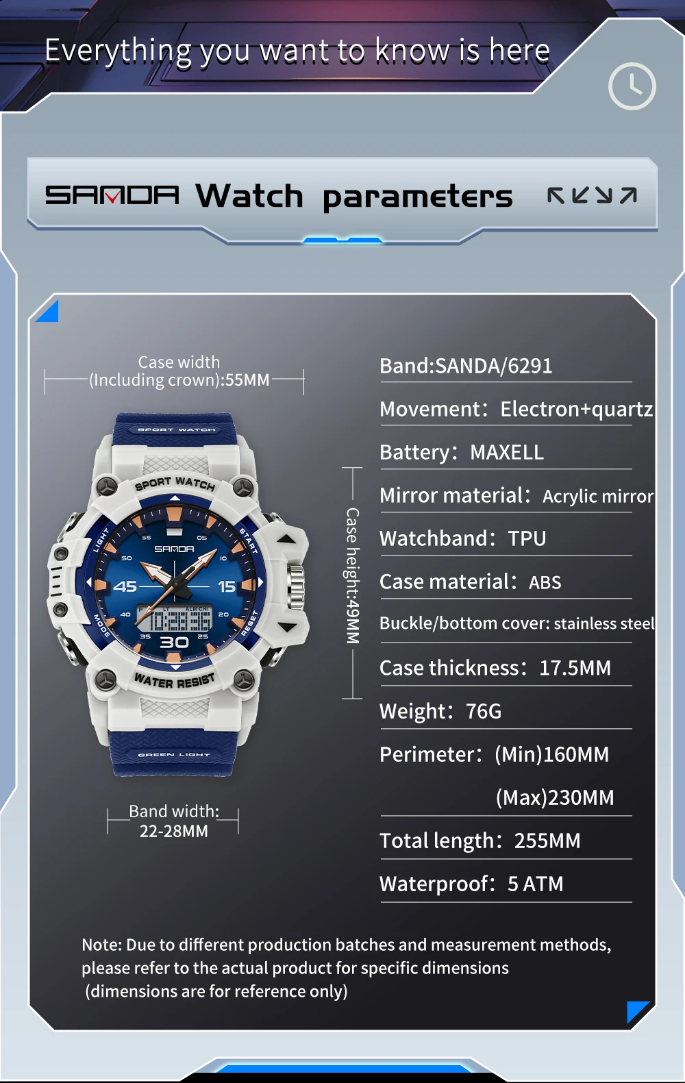SANDA SD6291 ساعة كوارتز إلكترونية رياضية للرجال مقاومة للصدمات ومقاومة للماء وتقويم مضيء وساعات رقمية كاجوال للرجال