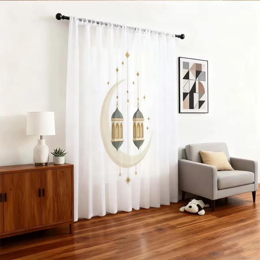 2PCS Digital Print Sheer Curtains, Crescent Moon Holding Lamp, Ramadan Celestial Night Light for Bedroom Living Room Home Decor