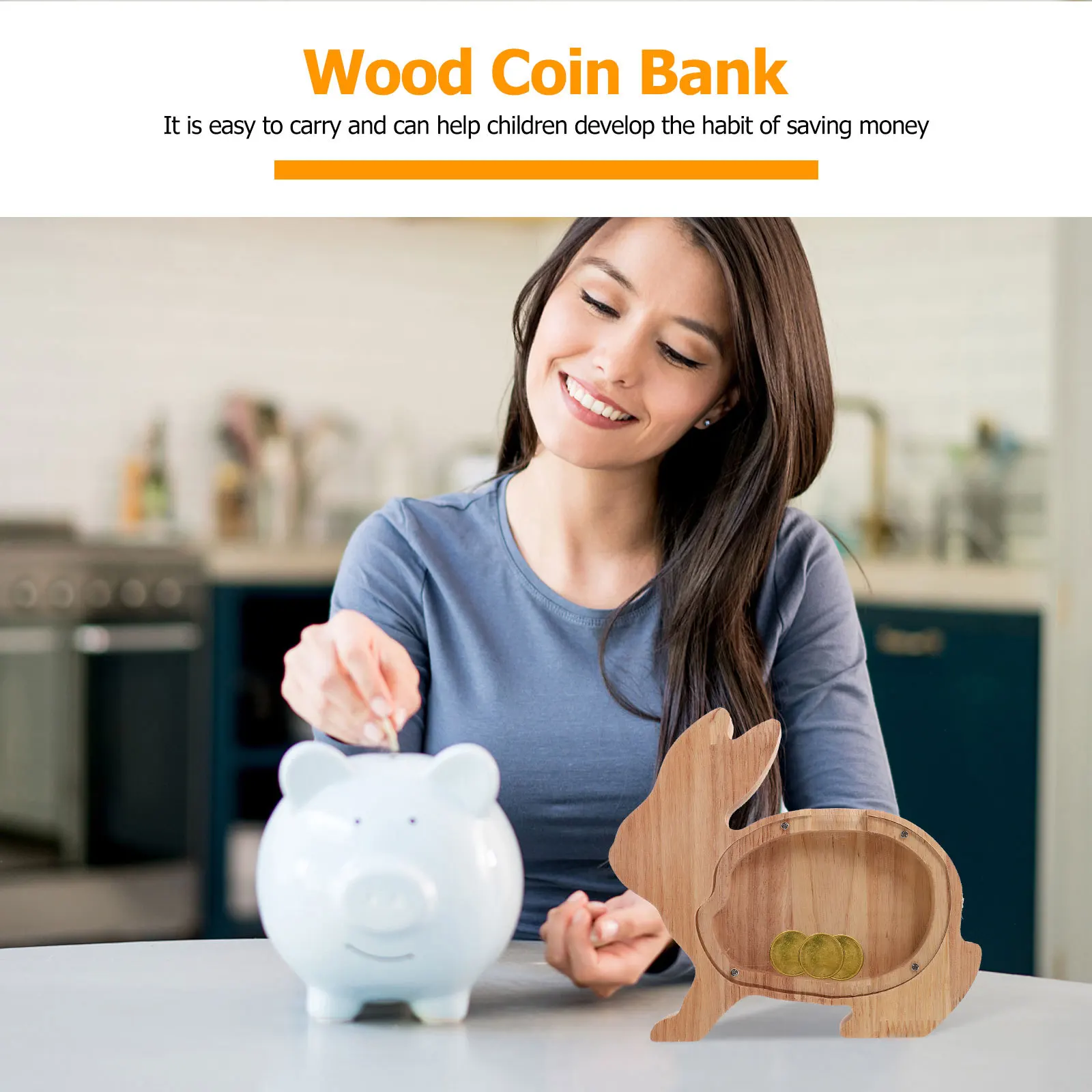 

Wooden Rabbit Piggy Bank Creative Animal Shape Coin Holder Durable Desktop Decorative Coin Box Wood Piggy Bank