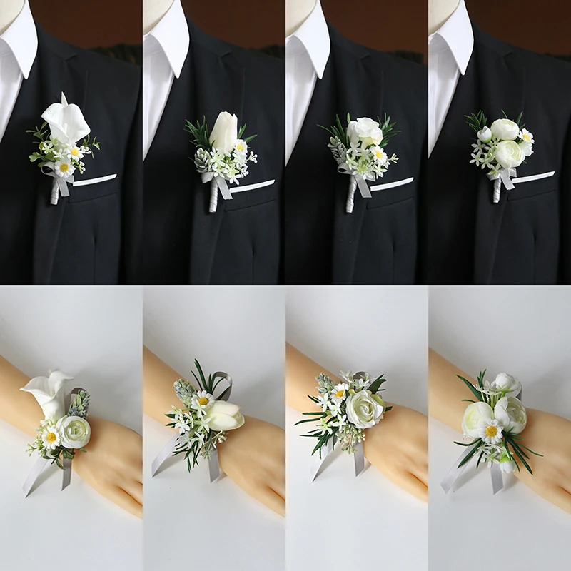 GT Silk Corsages Boutonnieres Wedding Decoration Marriage Rose Wris Flowers for Guests White