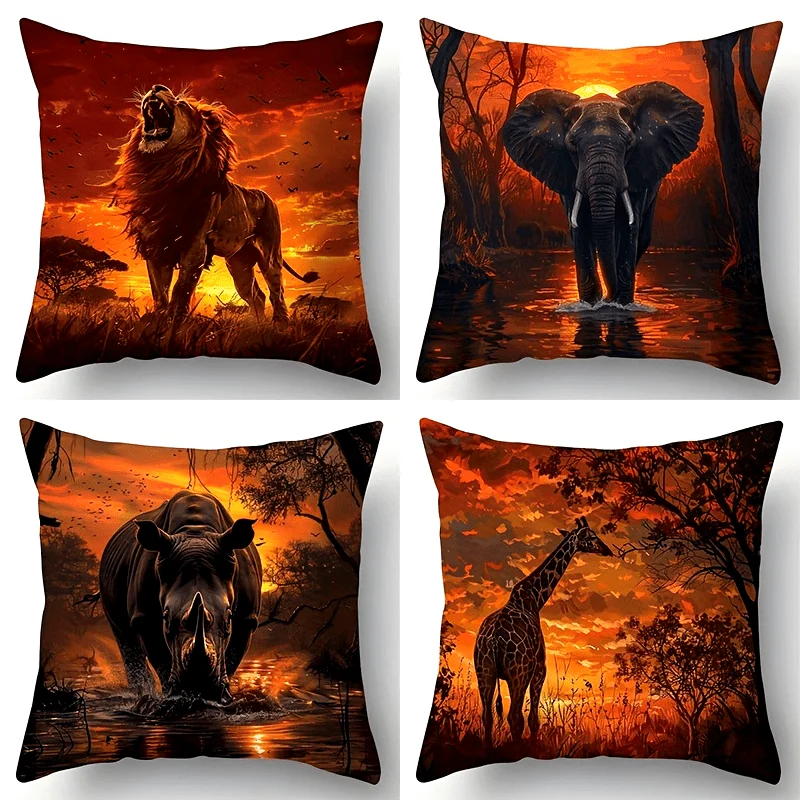 1pc Pillow Covers Featuring African Savanna Animals Including Lions Giraffes Elephants, And Rhinos,for Deco Bedrooms Pillowcase