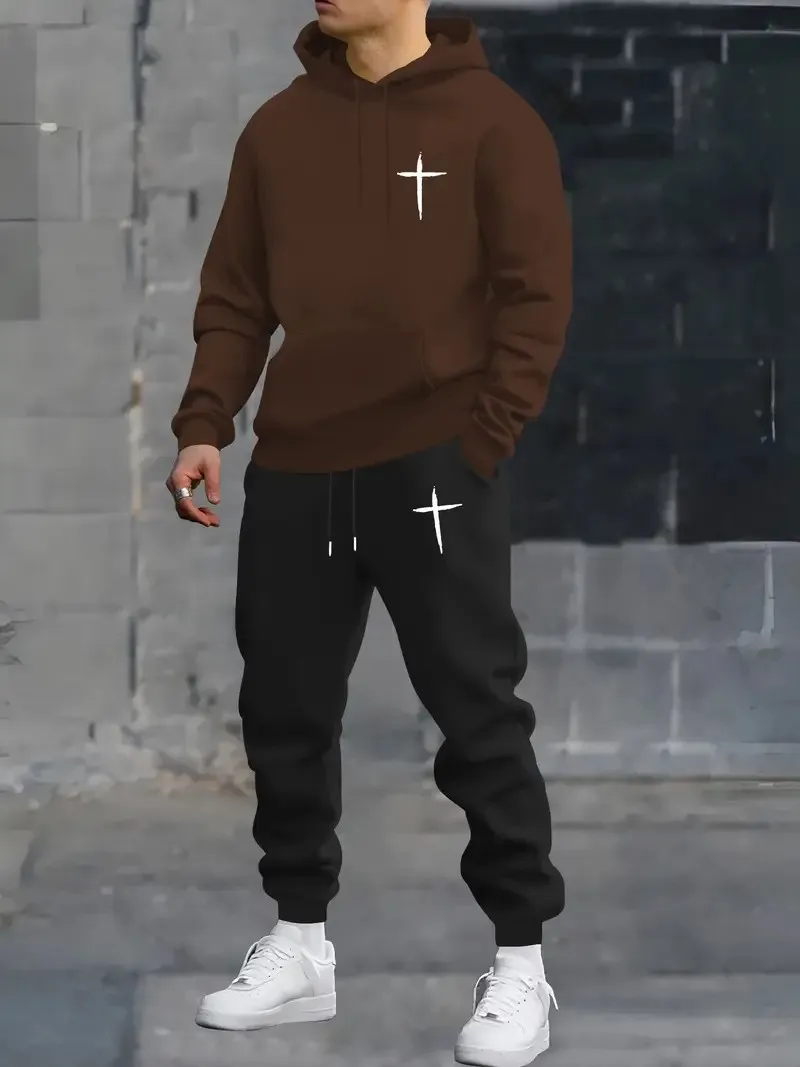 The 2025 autumn new 3D printed comfortable and casual men's outdoor sports sweatshirt and sweatpants set