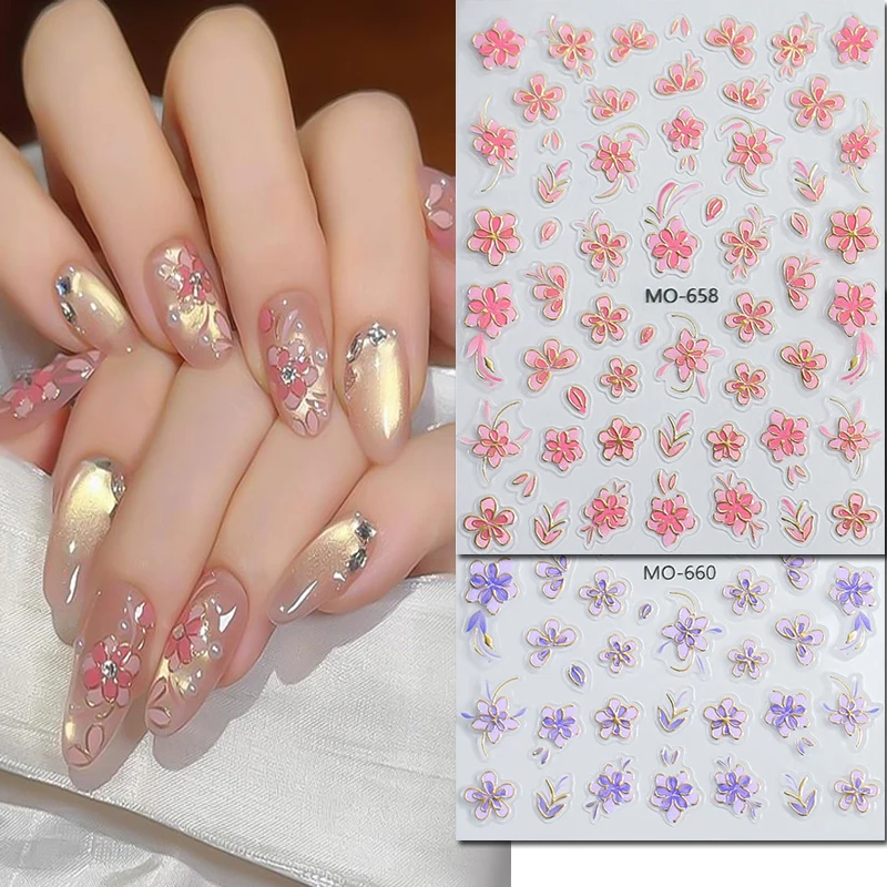 

5D Embossed Nail Art Decals Enamel Gold Pink Purple Blooming Flowers Nails Stickers Decorations For Manicure
