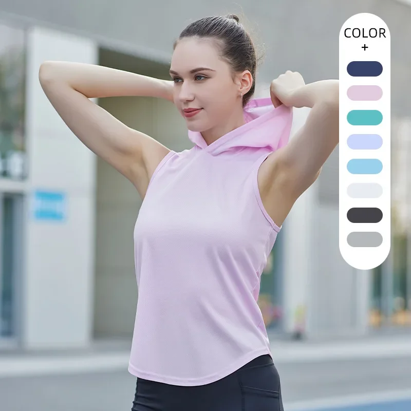 Canottiere con cappuccio da atletica senza maniche per le donne maratona estiva a lunga distanza Running Quick Dry Gym Vest Workout Yoga Ladies Top