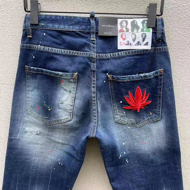 Jeansy męskie starbags dsq 111 Hipster męskie wytarte dziury naszywka haft ręcznie szyte małe stopy niebieskie dżinsy męskie spodnie