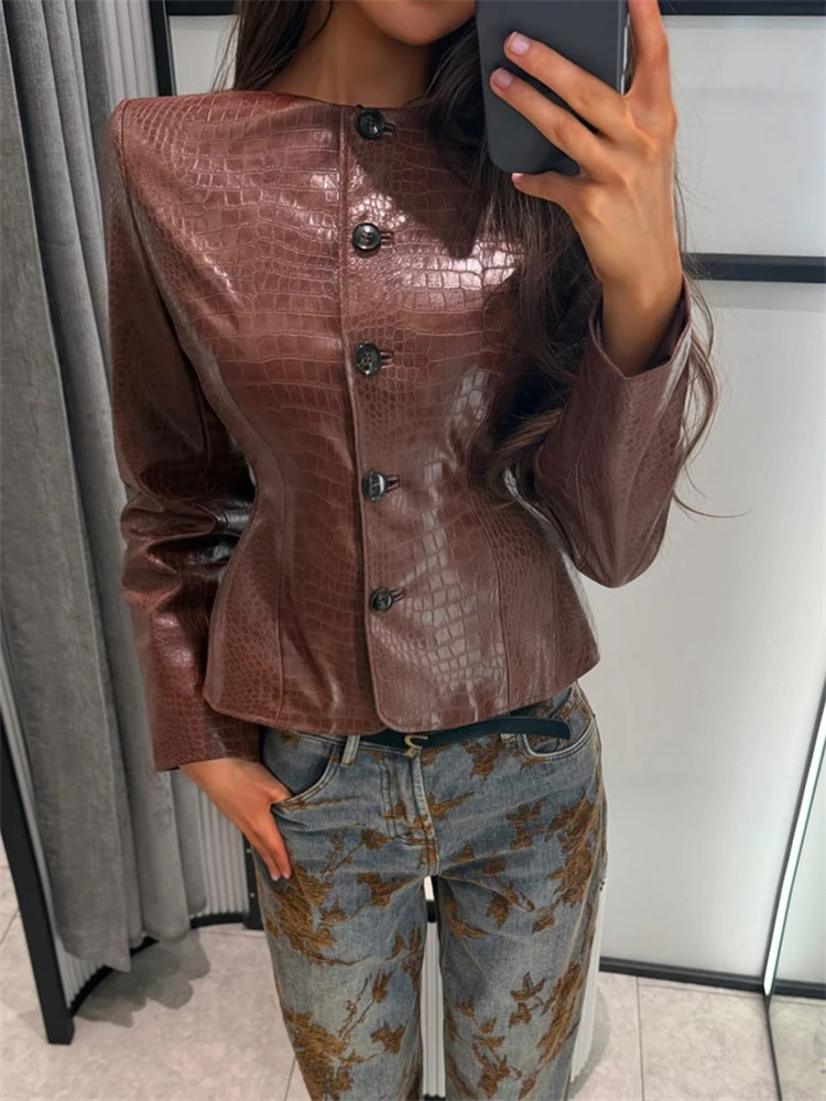 High-Quality Autumn New Texture PaddedShoulder round Neck Single Button Women's Fashion High Street Slim Short Motorcycle Jacket