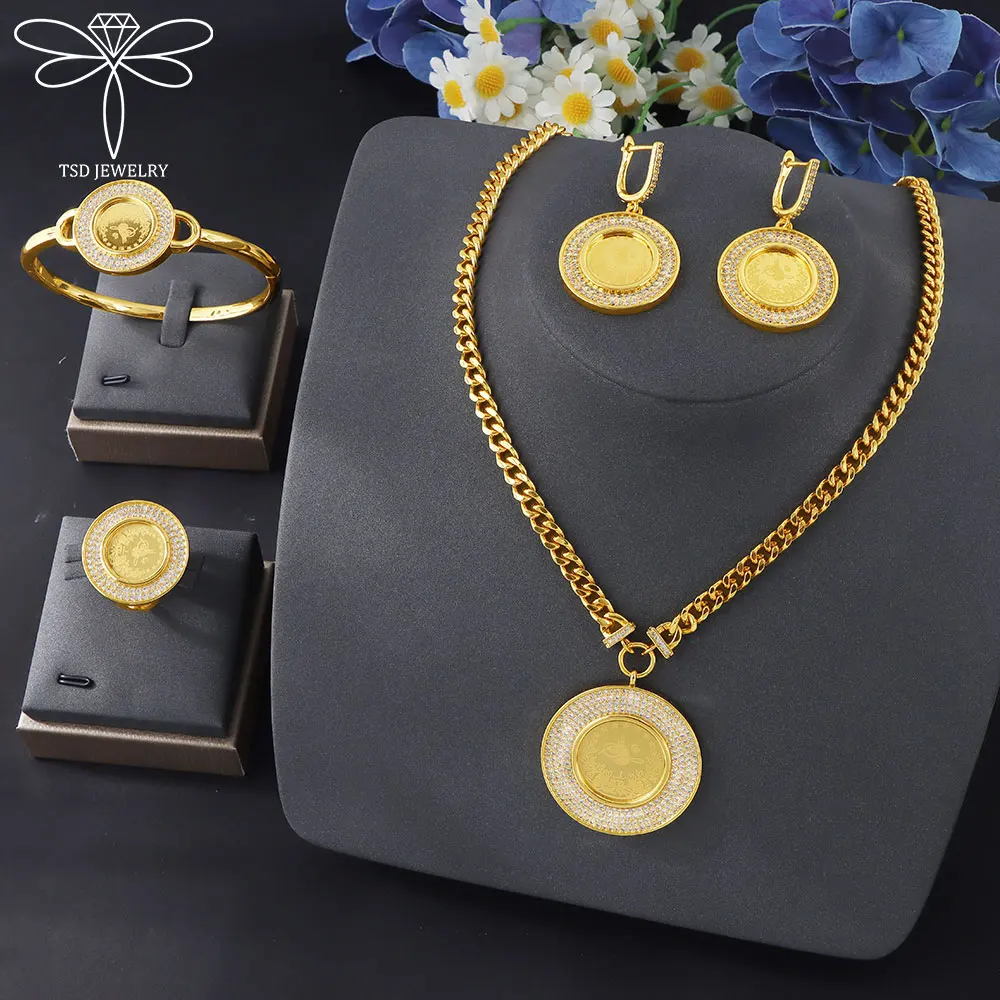 

Nigeria Wedding Jewelry Set 24k Gold Plated Brazilian Zircoina Coins Necklace Bracelet Earrings Ring Saudi Vintage Jewelrys
