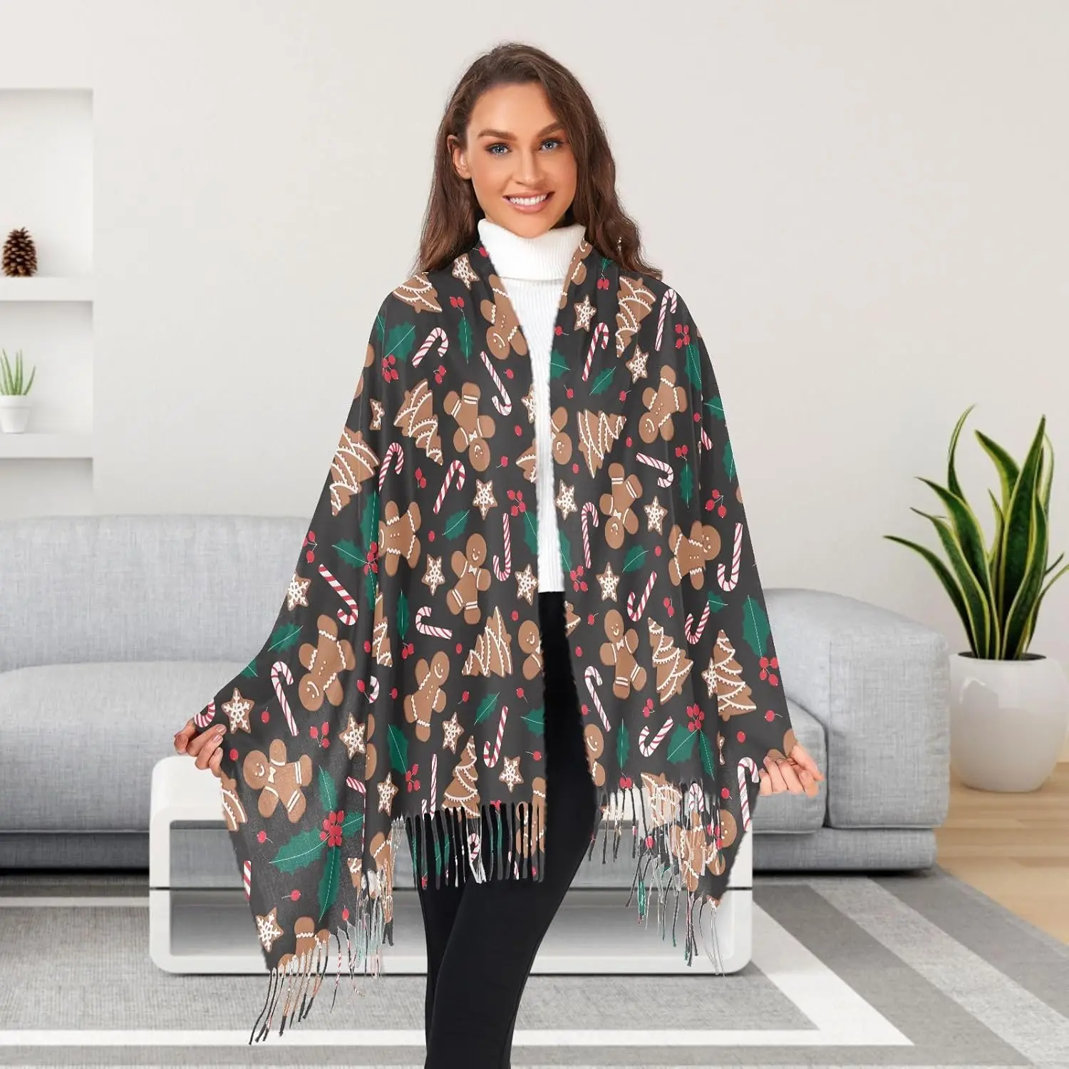 

Women's Christmas Gingerbread Man Tree Scarf Pashmina Feel Shawls Wraps Fall Winter Warm Large Scarves Fashion Tassel Long Scarf