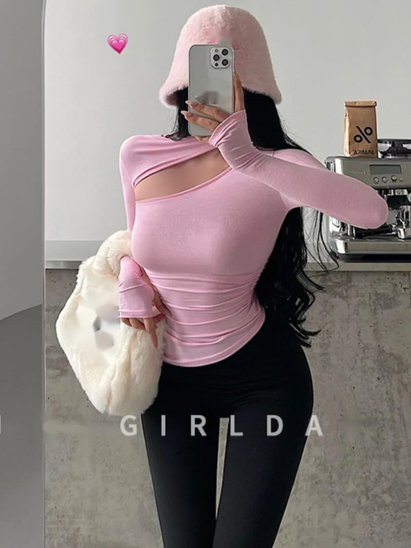 Pure Desire Style Sexy Off-Shoulder Slim Ruched Waist Detachable Long Sleeve Base T-Shirt Tees Fashion Women 2025 New Top LA7Q
