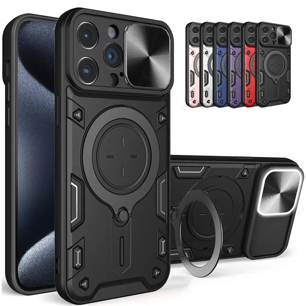 Case For iPhone 15 14 13 12 11 Pro Max 15 Plus XR XS 8 7 Magnetic  Slide Camera Protection 360 Rotate Kickstand Armor Ring Cover