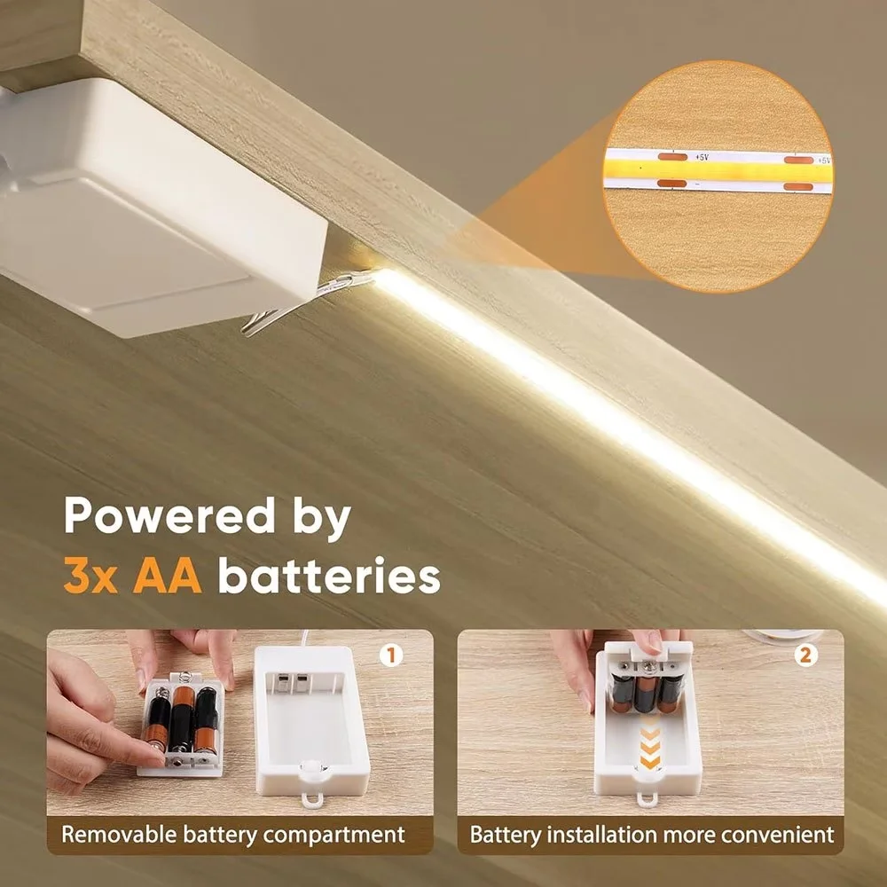 3Aa Battery Box Cob Flexible Led Light Strip, White Light/Warm Light/Natural Light, 1M/2M/3M/4M/5M, Can Be Cut to Size, Suitable for Shelves, Floating Bookcases, Display Cabinets, Cabinets, Tv Mirrors, Supplementary Li