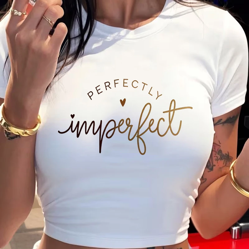 2000s Letter Perfectly Imperfect and Heart Printed Crop Tops Women's Summer Graphic T-shirt 90s Gothic Y2k Cropped T Shirt Girls