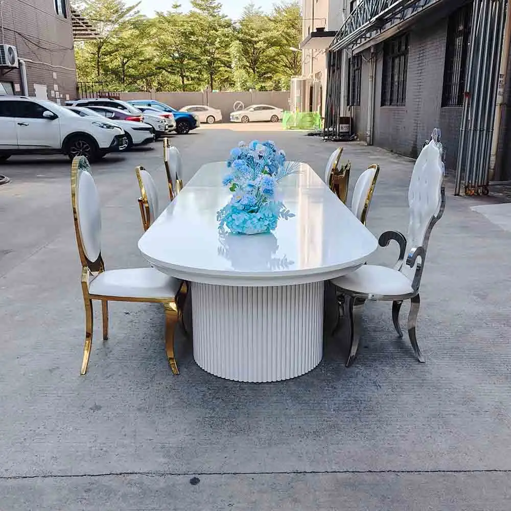

Custom Luxury Dinning Table Set Dining Room Sets Furniture Stainless Steel Ripple Design Luxury White Wedding Dining Table