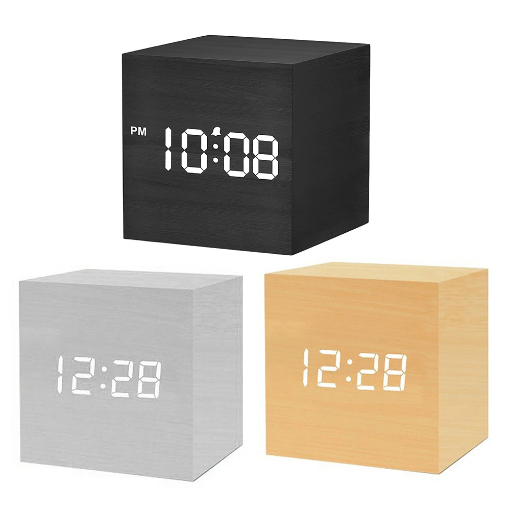 Wooden Digital Alarm Clock Voice Control Electronic Desktop Clock USB/Battery Powered LED Clock Art Ornament for Home Decoration