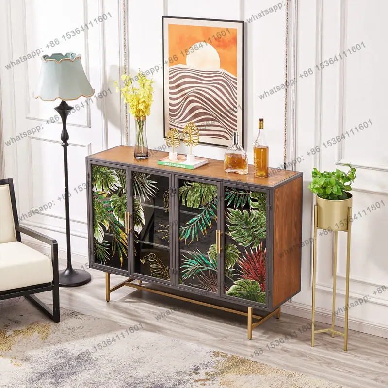 High-grade enamel color entrance dining side cabinet classical wrought iron glass four-door storage shoe cabinet